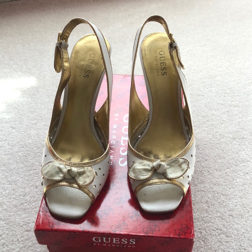 Guess White & Gold Open-Toe Slingback Heels 8.5M